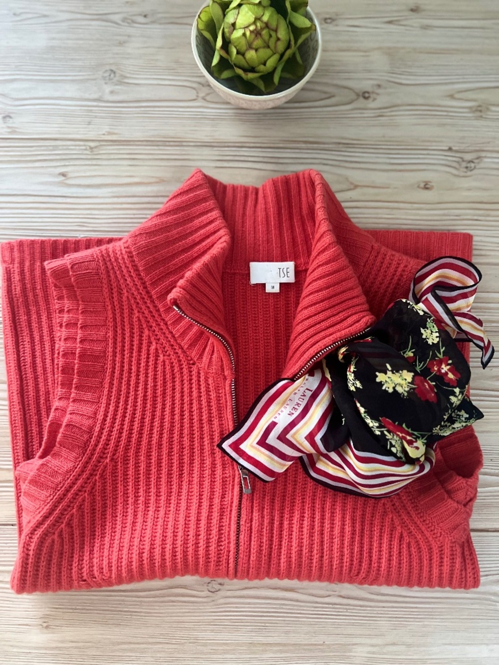 TSE Coral Orange Cashmere Zip Cardigan Sweater Medium